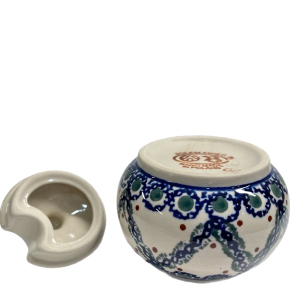 EUC Boleslawiec Polish Pottery Lidded Sugar Bowl-Blue Braided Chain Grn. 10 Oz. - Picture 6 of 9